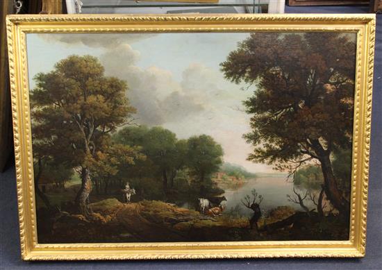 Attributed to Anthony Thomas Devis (1729-1816) River landscapes with cattle and equestrian figure 24 x 36in.